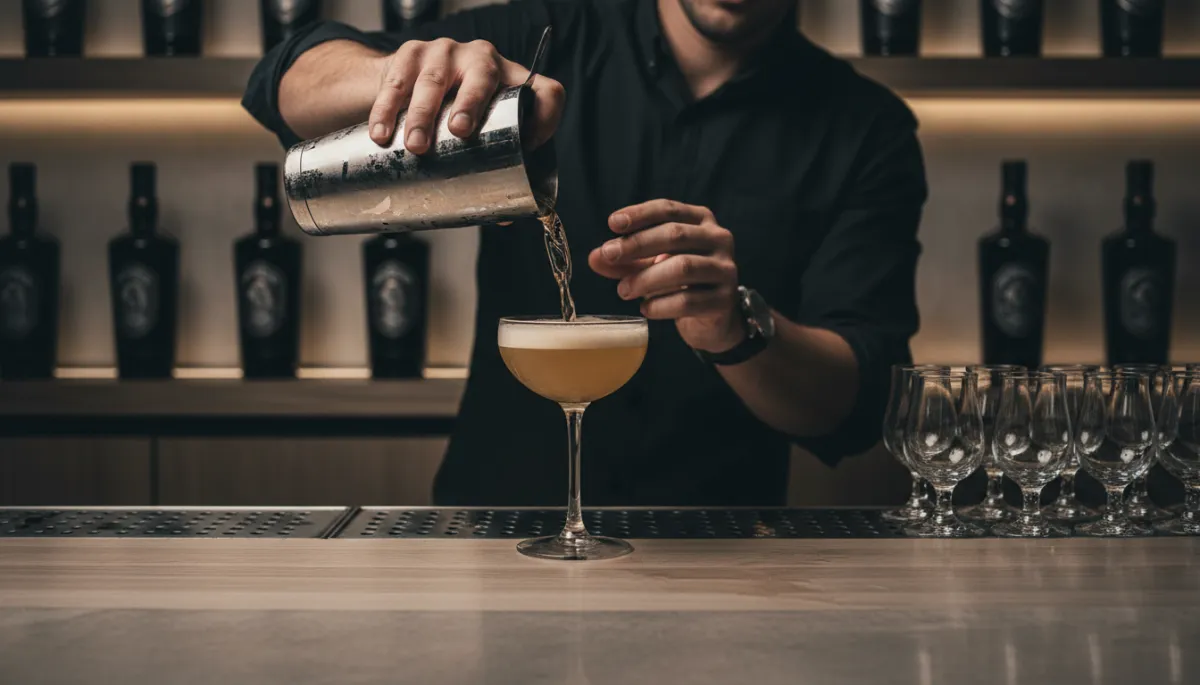 Bartender serving a rum daiquiri alongside neat rum tasting glasses Bartender serving a rum daiquiri alongside neat rum tasting glasses