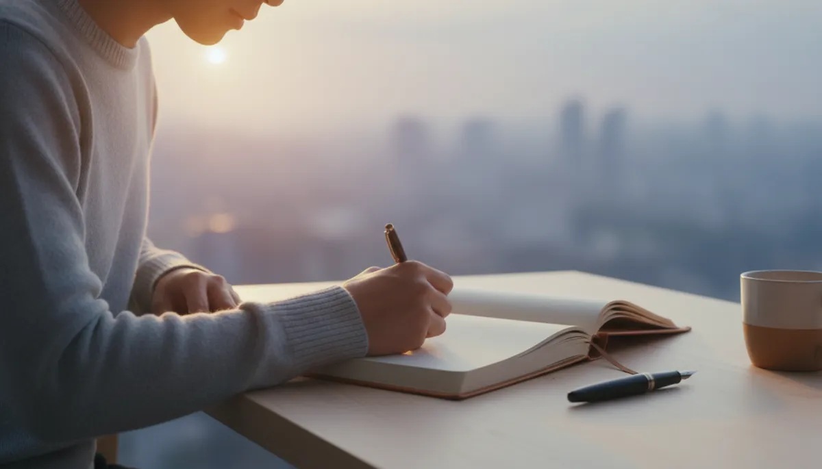 Person writing in a notebook at dawn in a neutral-toned professional photograph