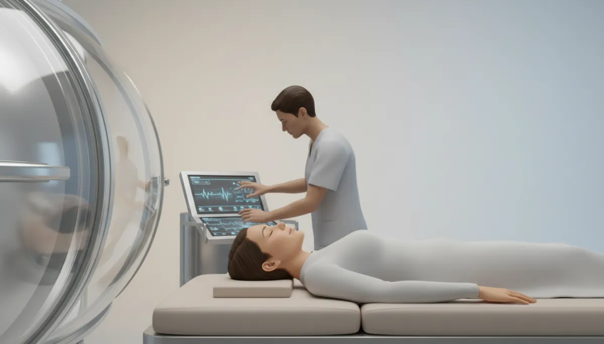 Person relaxing near a hyperbaric chamber during a therapy session