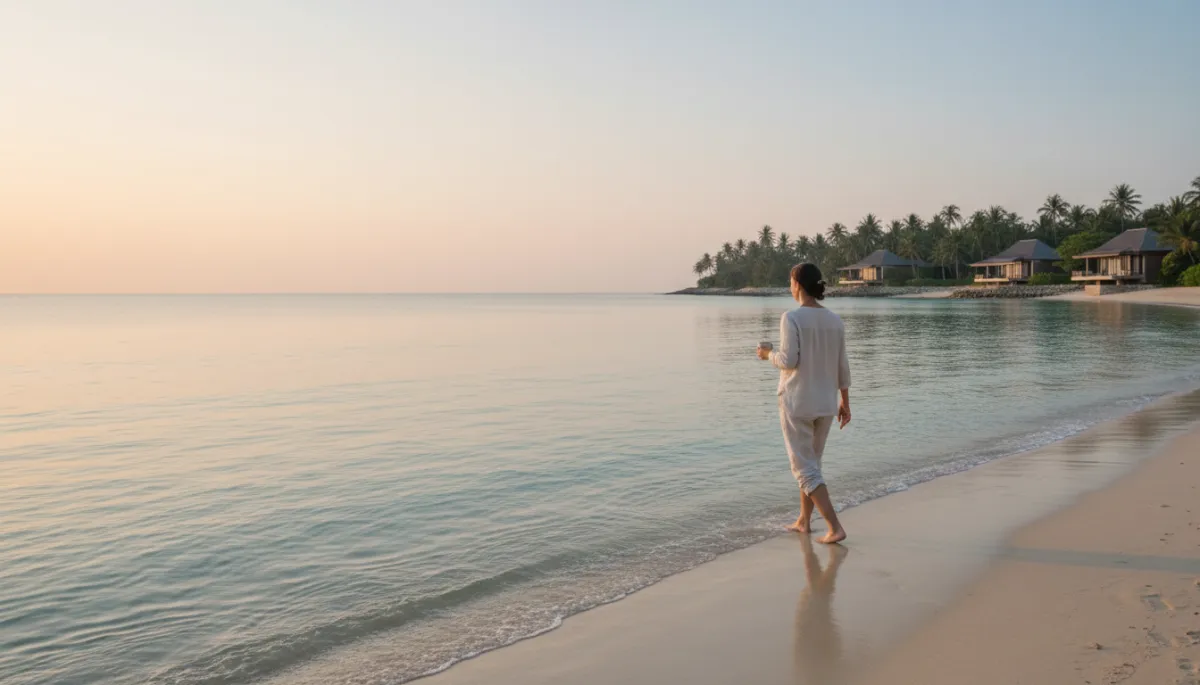 Calm early morning walk on a Phuket beach under soft sunrise light