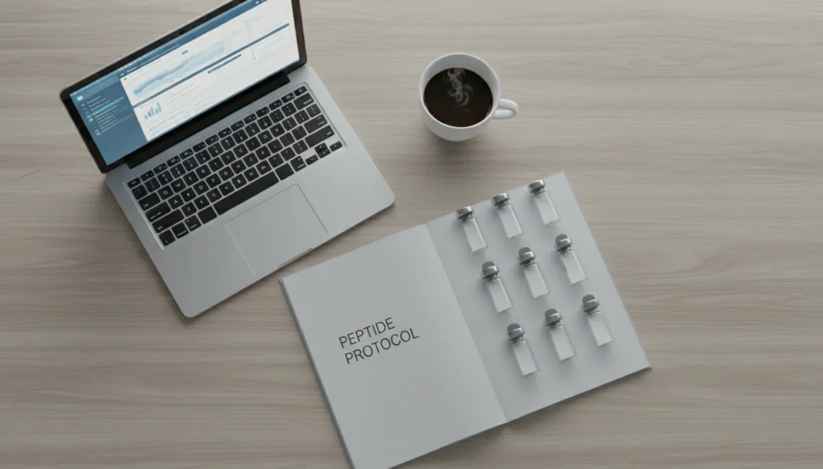 Organized desk with peptide protocol notes, vials, and a laptop displaying health data