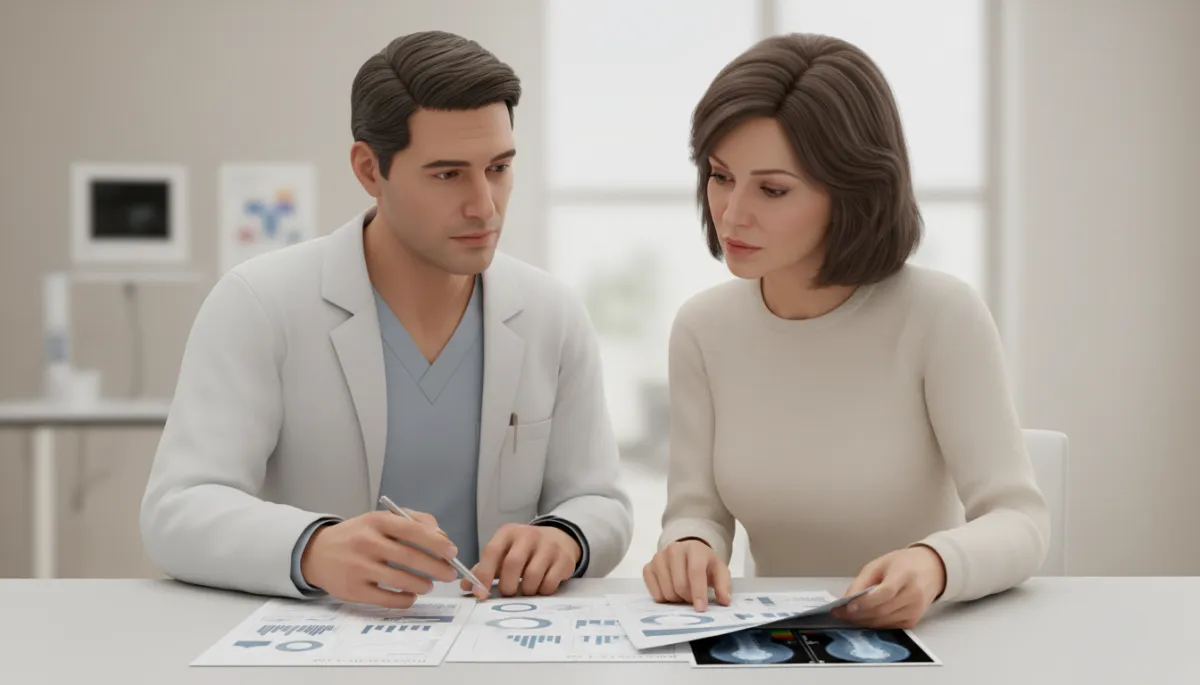 professional neutral-toned close-up of a doctor and female patient in her early 50s reviewing printed lab results and bone density scan on a desk, both focused and engaged, professional photographic style
