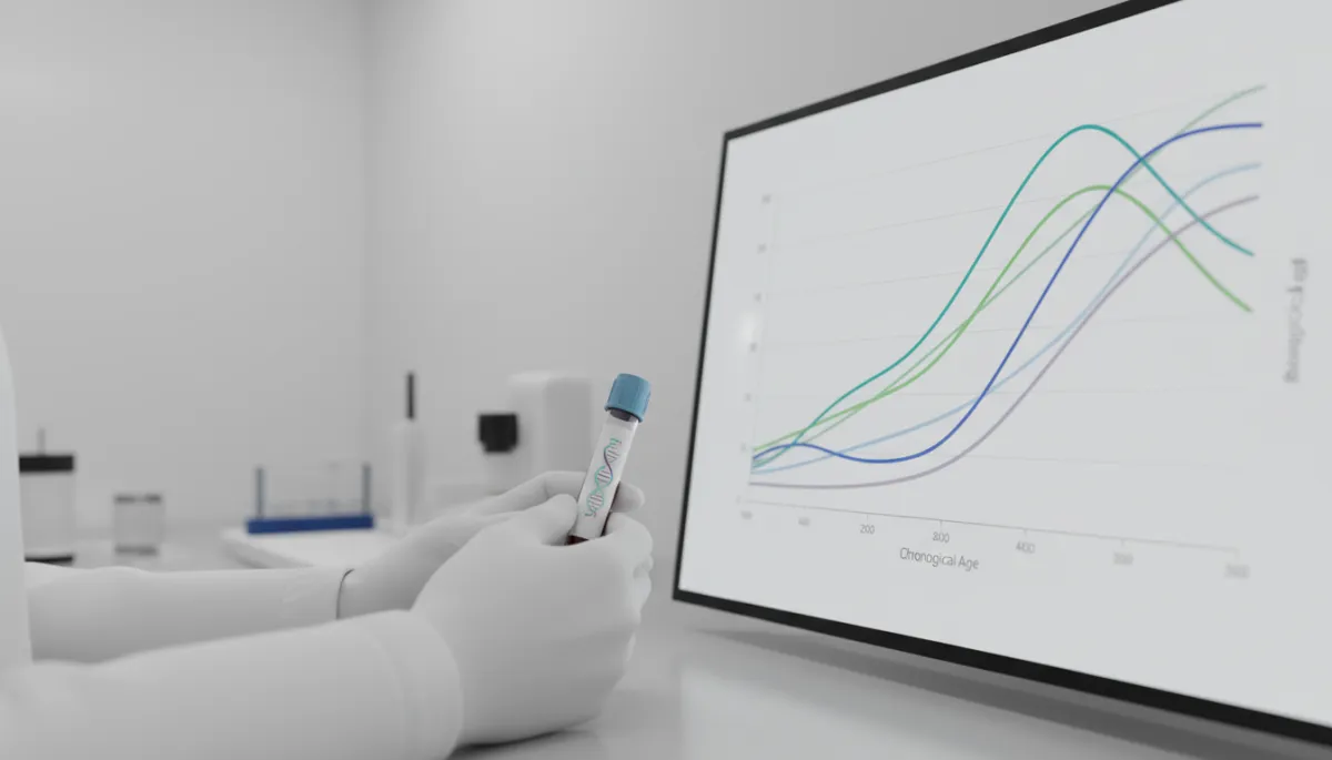 Lab technician holding a blood sample next to an epigenetic clock graph on a screen