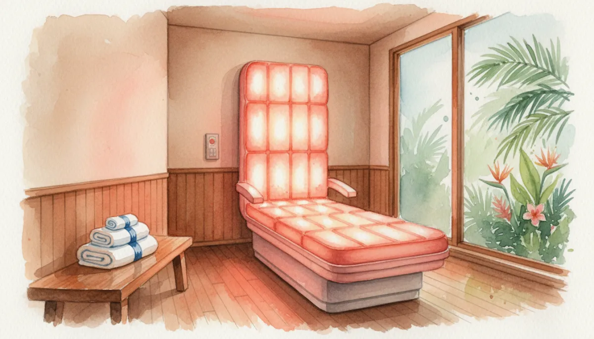 professional, neutral-toned close-up of a full-body red light therapy bed glowing softly in a serene Phuket wellness room, with folded white towels, natural wood accents, and a glimpse of tropical greenery through a frosted window