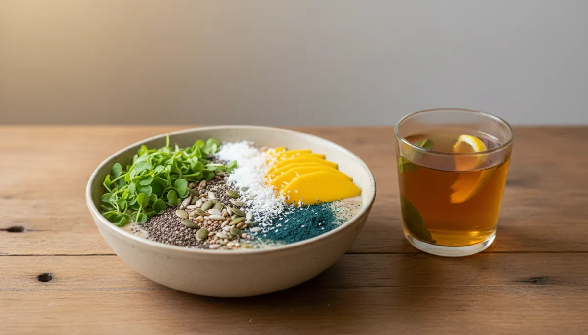 Professional close-up of a superfood smoothie bowl with Thai ingredients in Phuket
