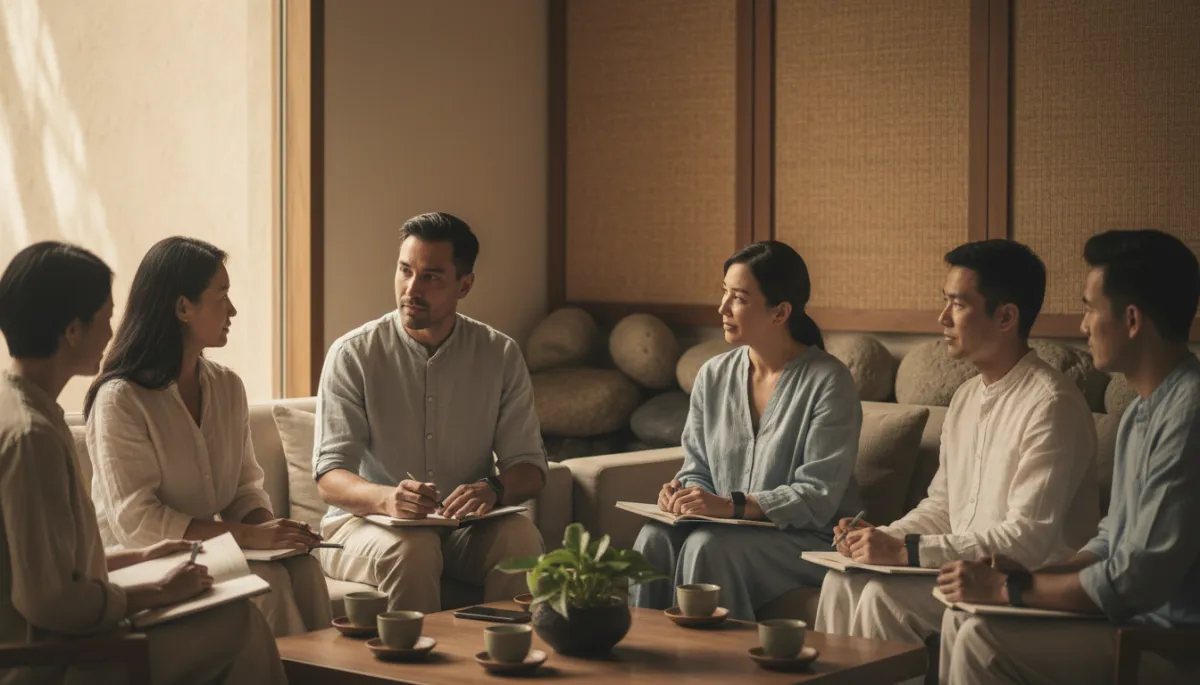 Group of professionals sharing longevity strategies at an Asian wellness retreat