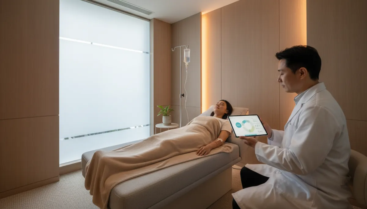 Client receiving advanced IV longevity therapy in a private Asian clinic suite