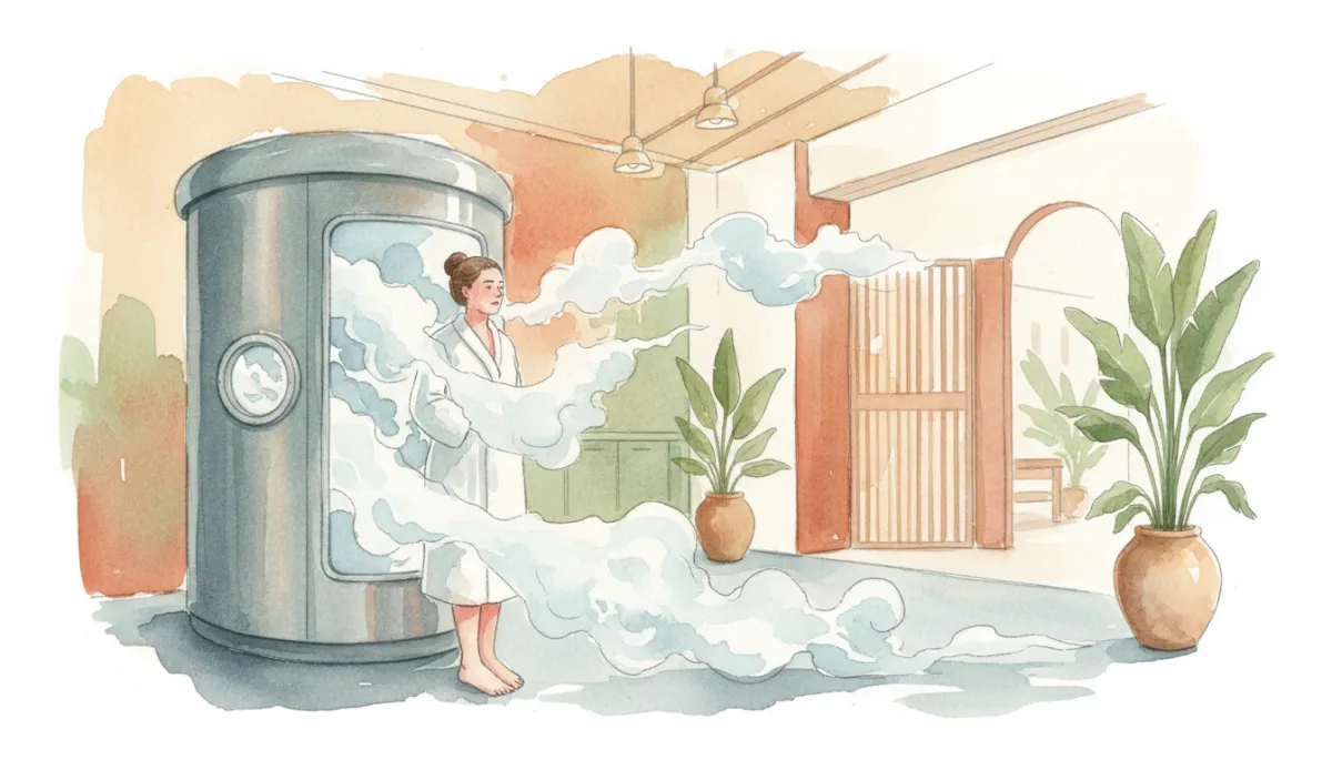 Professional photorealistic scene of a person exiting a cryotherapy chamber with cold vapor swirling
