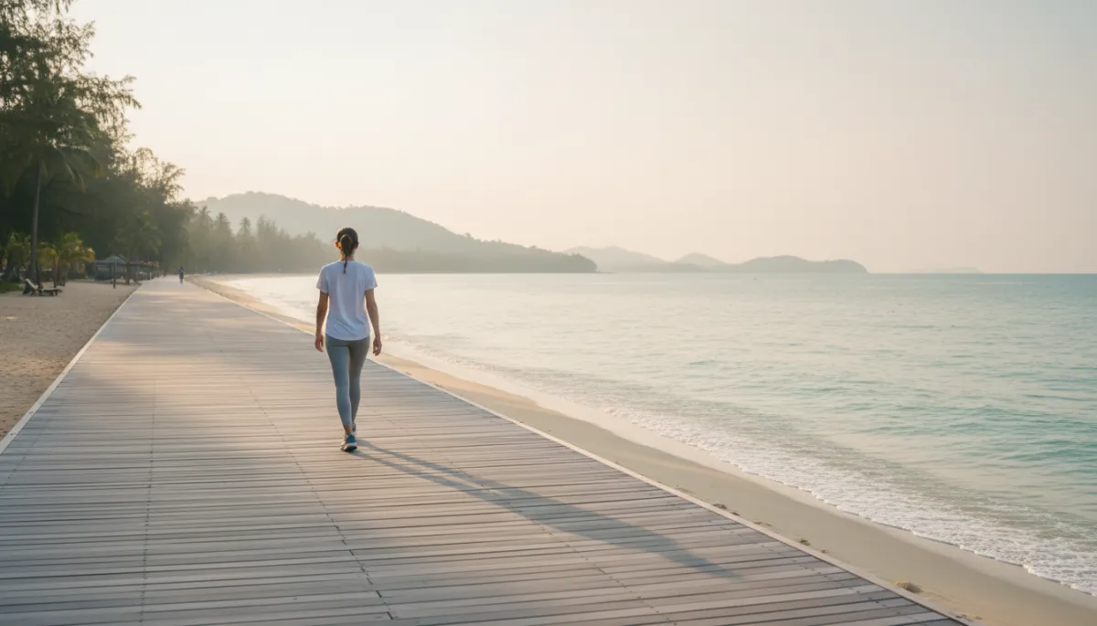 Person walking along a quiet Phuket beach at sunrise