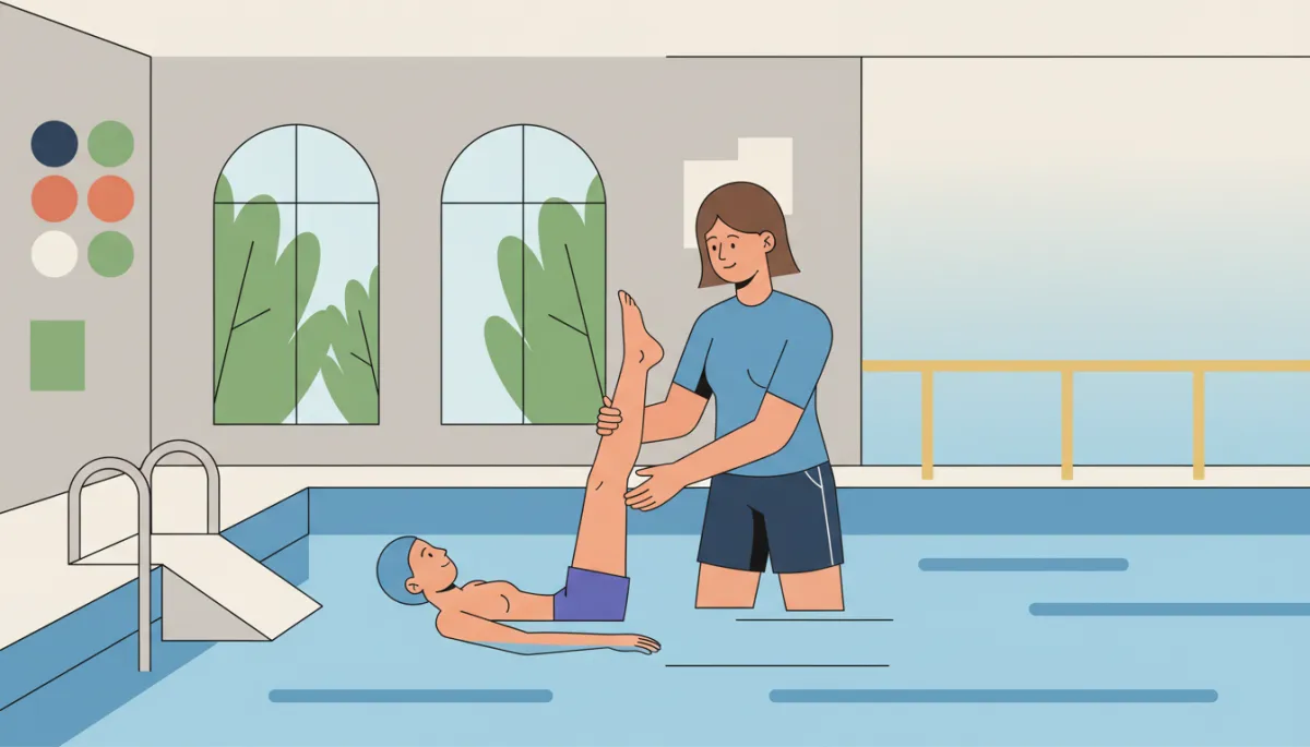 Physical therapist assisting a patient with pool-based hip exercises