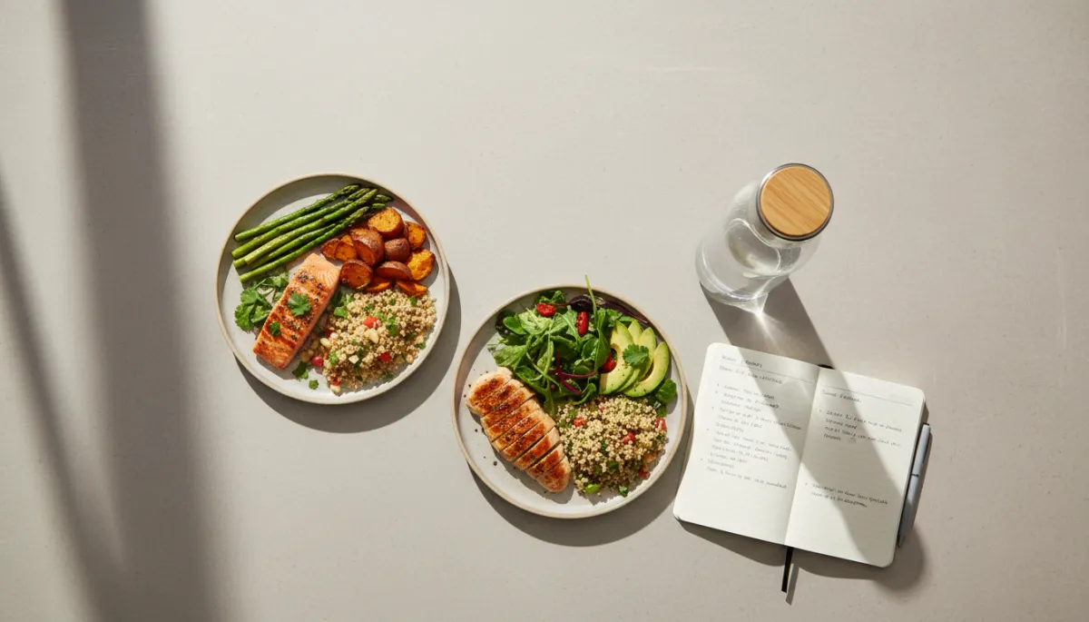 Two balanced meals and a journal on a neutral-colored table