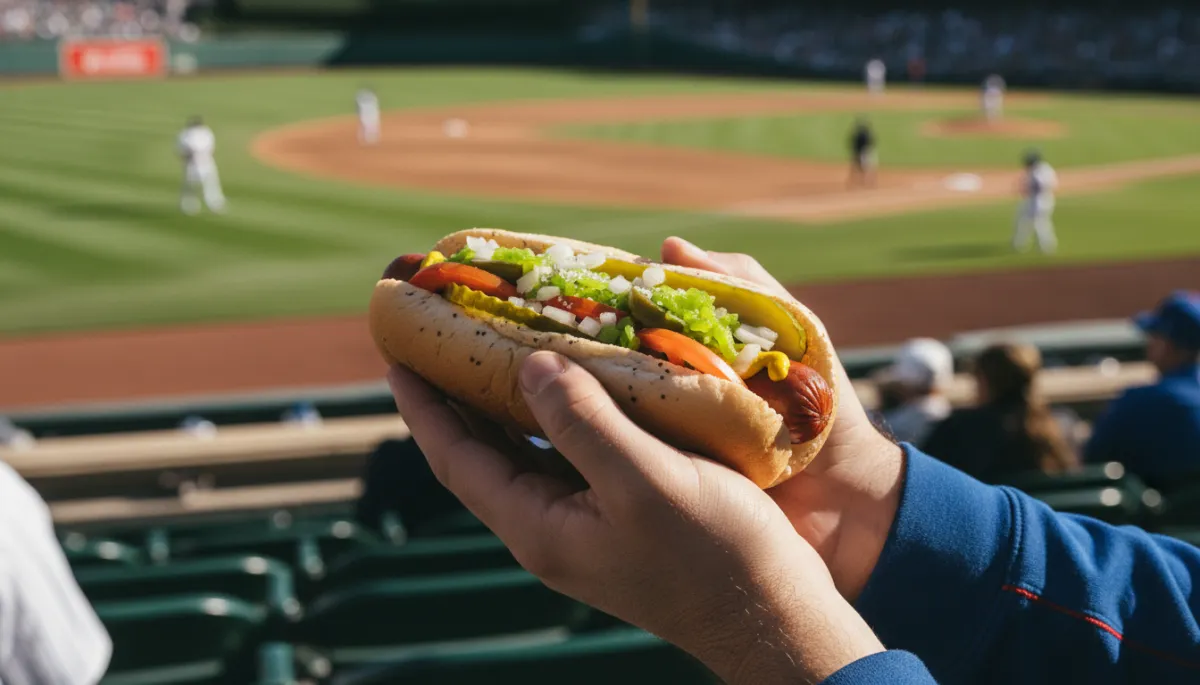 Professional close-up of a fan enjoying a hot dog with Wrigley Field in the background Professional close-up of a fan enjoying a hot dog with Wrigley Field in the background