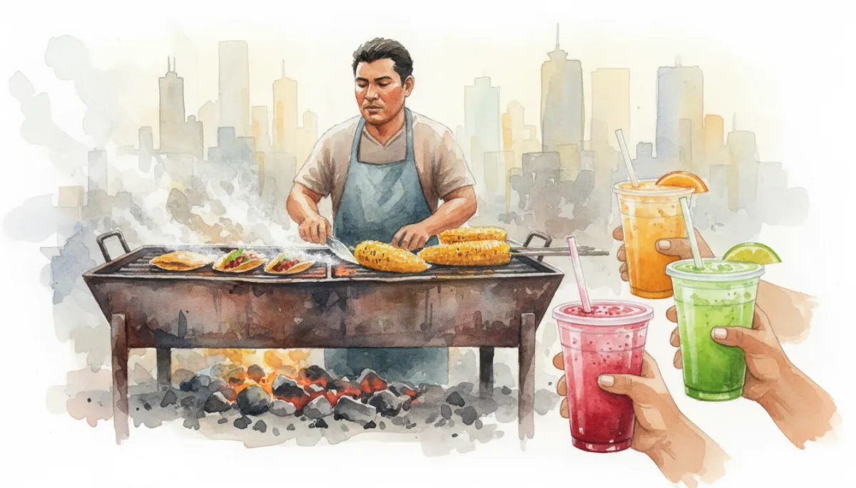 Vendor grilling tacos and corn at Maxwell Street Market while visitors order food Vendor grilling tacos and corn at Maxwell Street Market while visitors order food