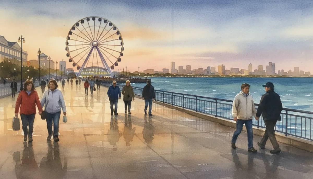 People enjoying an outdoor stroll along Navy Pier in late spring People enjoying an outdoor stroll along Navy Pier in late spring