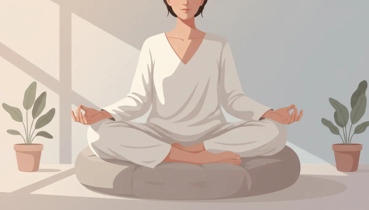 Person meditating on a cushion in a calm neutral-toned space