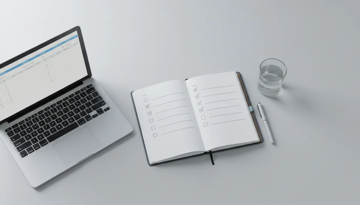 Professional neutral desk with journal and simple tracking sheet