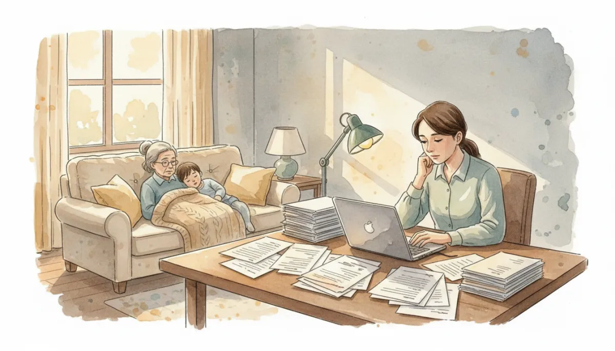 Adult surrounded by paperwork while caring for an elderly person and a child