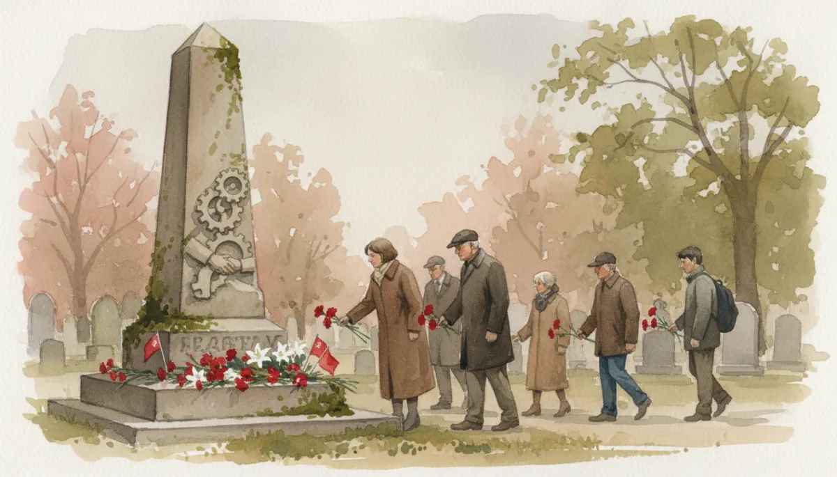 People commemorating workers at a historic labor movement gravesite People commemorating workers at a historic labor movement gravesite