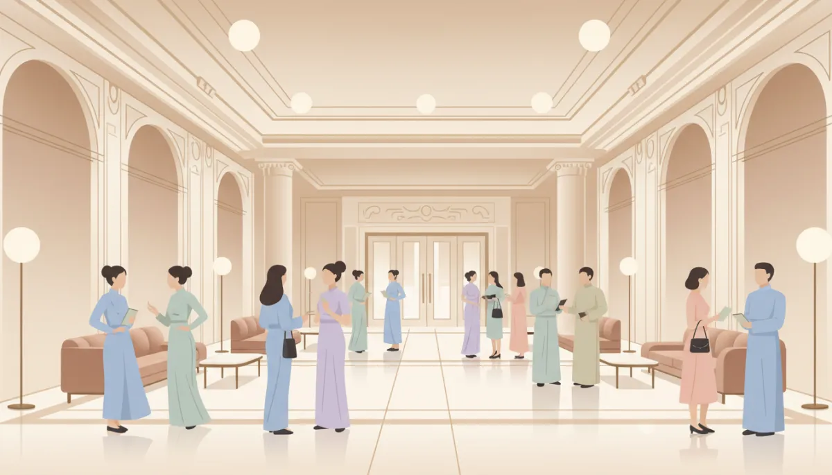 Audience members gathering in an elegant downtown theater lobby before Shen Yun Audience members gathering in an elegant downtown theater lobby before Shen Yun