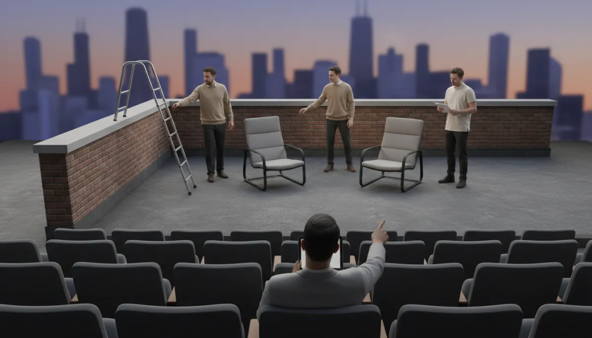 Actors rehearsing a rooftop scene for Moonwatchers in a small Chicago theatre Actors rehearsing a rooftop scene for Moonwatchers in a small Chicago theatre