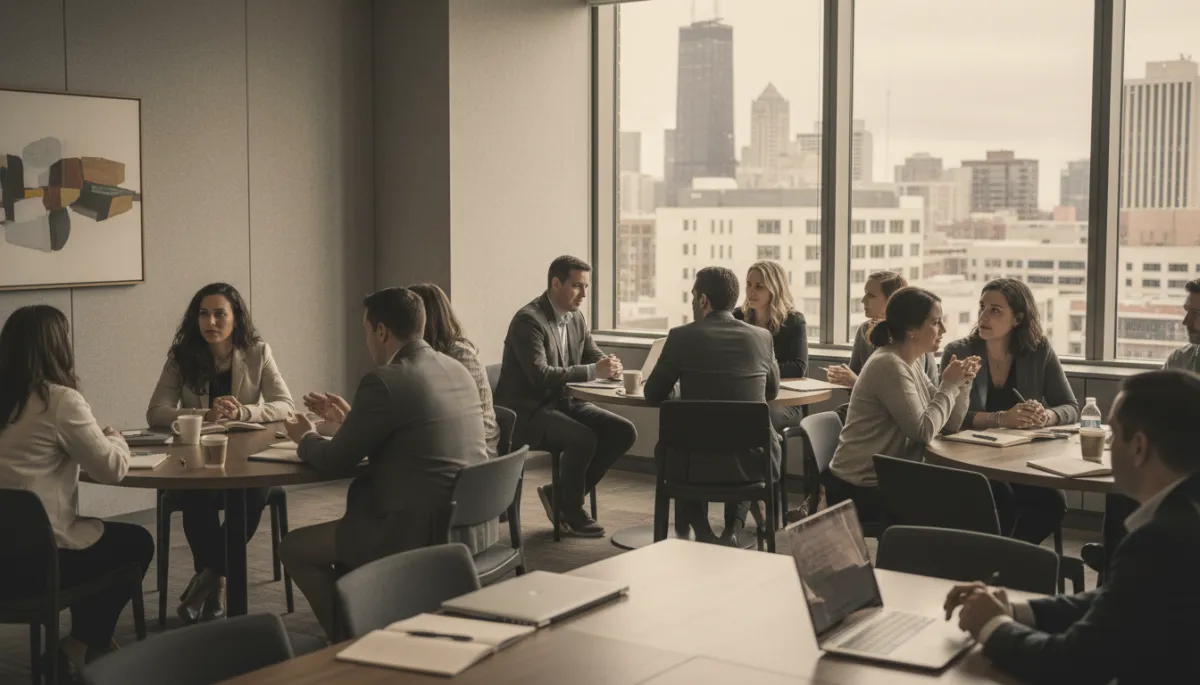 Local Chicago business owners collaborating in a modern meeting space Local Chicago business owners collaborating in a modern meeting space