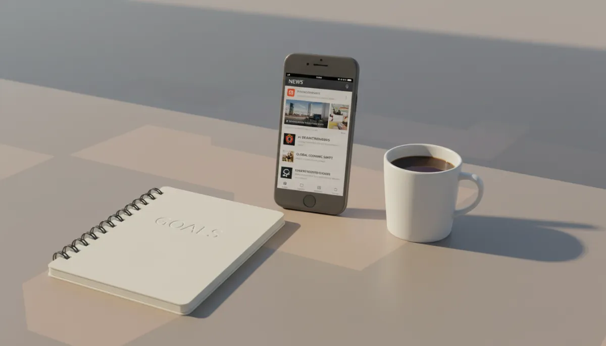 Desk with personal goals notebook and phone showing AI-related news alerts