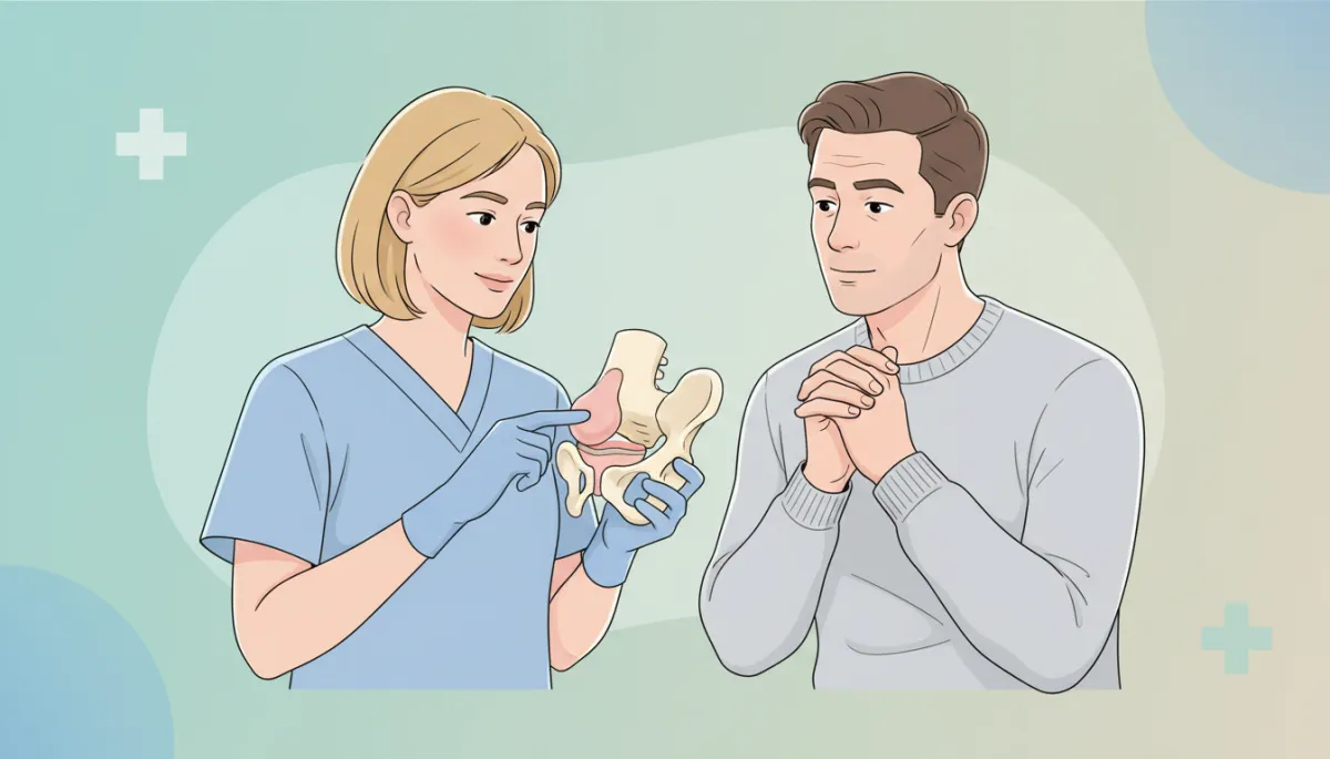 Orthopedic surgeon using a hip model to explain the replacement procedure