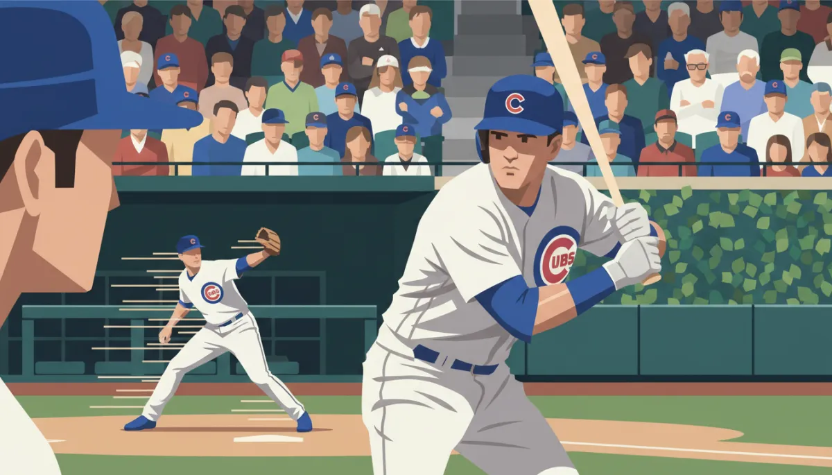 Chicago Cubs hitter preparing to swing during a home game at Wrigley Field