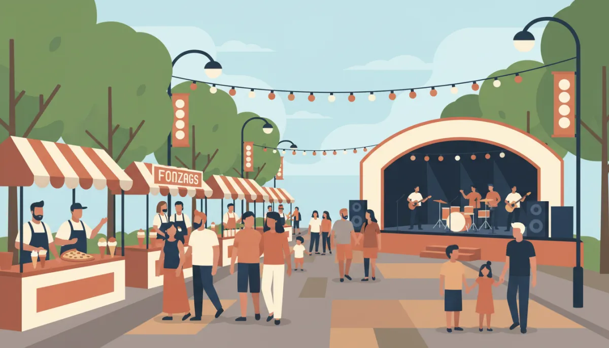 Chicago neighborhood summer street festival with families and live music, professional neutral-toned style Chicago neighborhood summer street festival with families and live music, professional neutral-toned style
