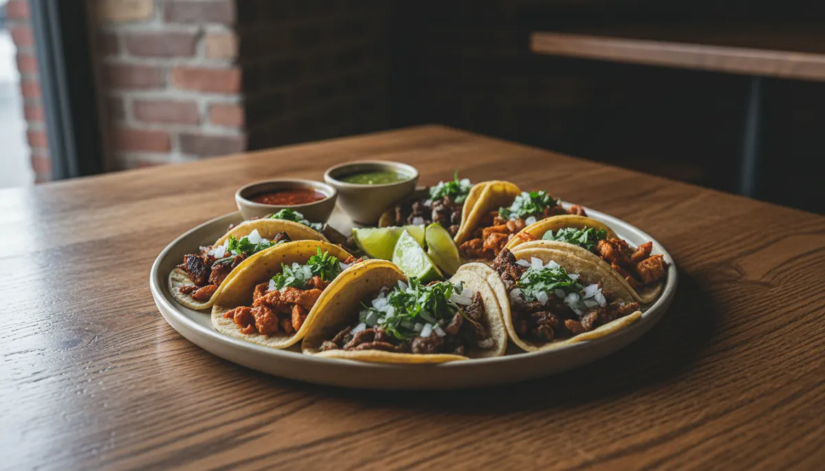 Professional close-up of assorted tacos on a wooden table in a Pilsen restaurant Professional close-up of assorted tacos on a wooden table in a Pilsen restaurant