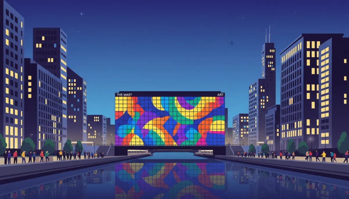 People gathered on the Chicago Riverwalk watching colorful projections on Merchandise Mart People gathered on the Chicago Riverwalk watching colorful projections on Merchandise Mart