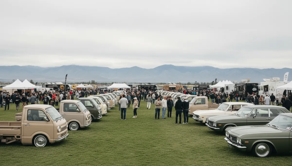 Outdoor custom truck and car show with vendors and visitors