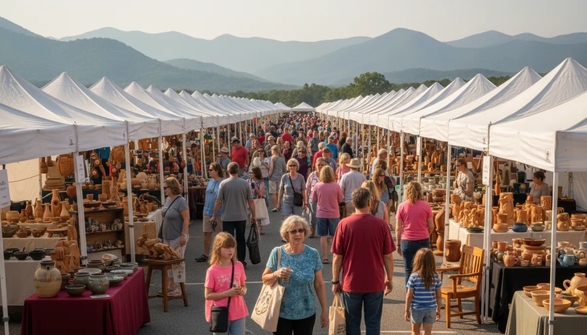 Visitors exploring artisan booths at an outdoor arts and crafts festival