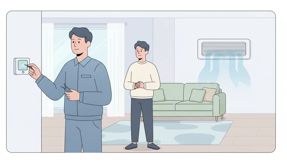 Technician checking thermostat and vents while homeowner observes in living room Technician checking thermostat and vents while homeowner observes in living room