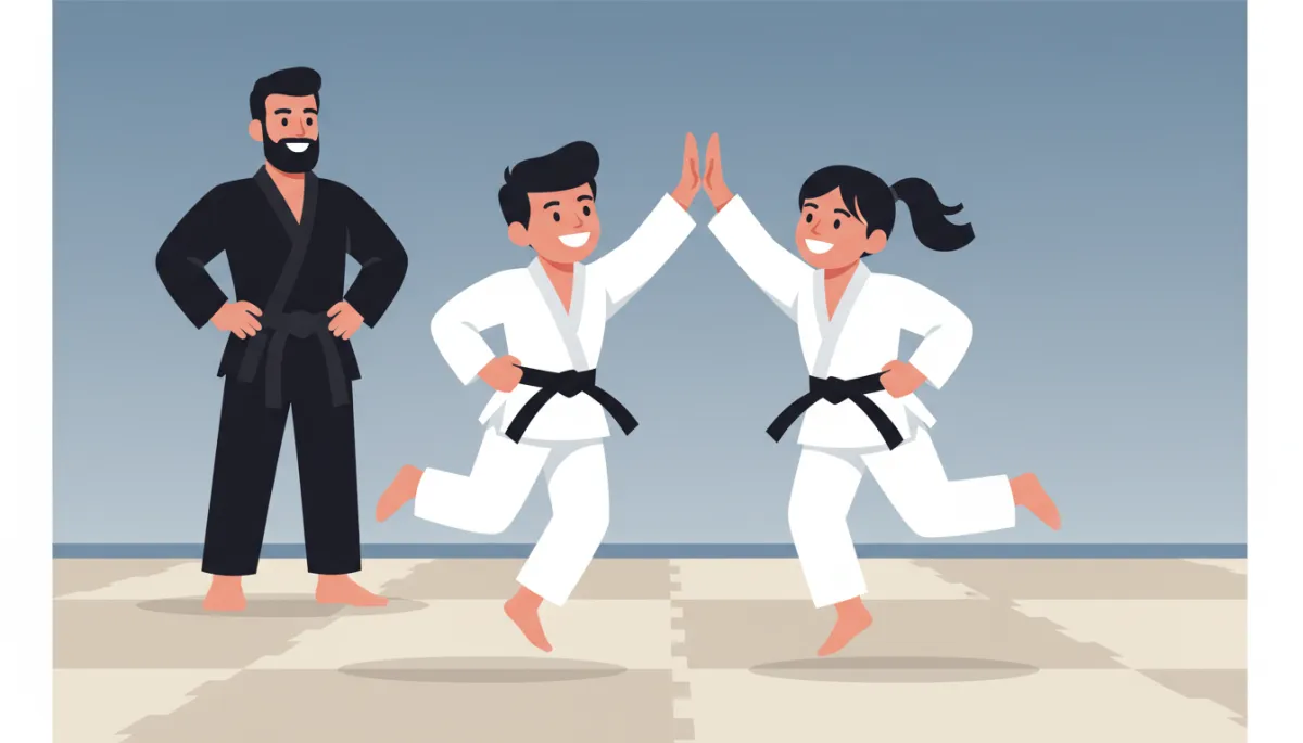 Kids practicing Brazilian Jiu-Jitsu drills together on the mats Kids practicing Brazilian Jiu-Jitsu drills together on the mats