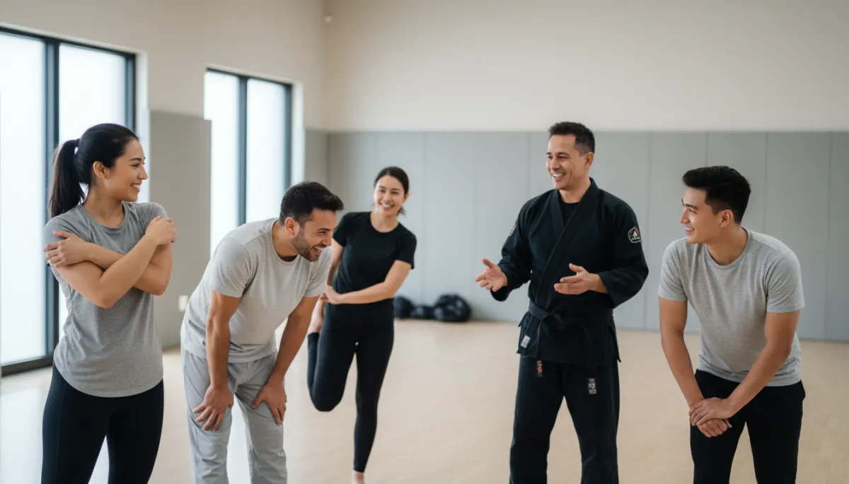 Adults stretching and relaxing together after a martial arts class Adults stretching and relaxing together after a martial arts class