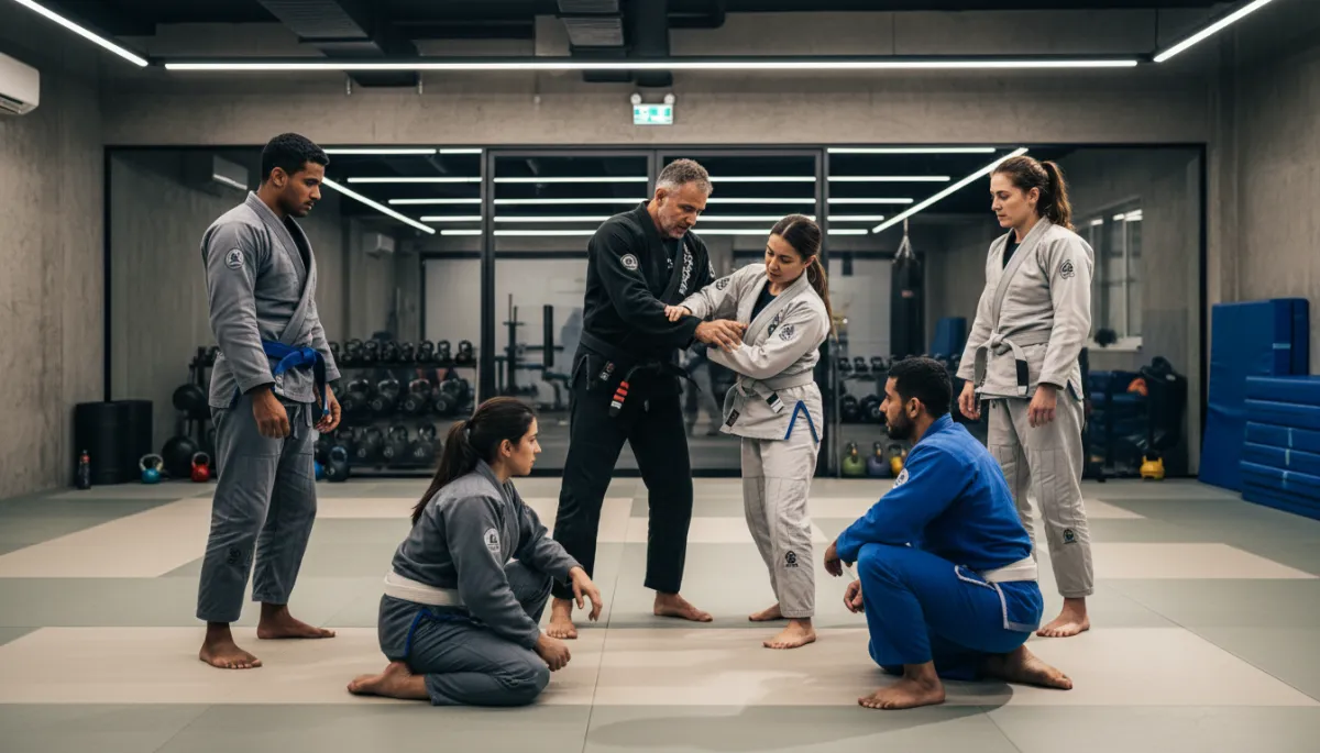 Coach teaching self-defense technique to students on clean mats Coach teaching self-defense technique to students on clean mats