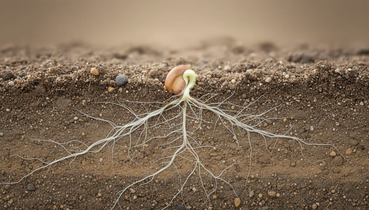 Seed underground sending out first roots in the dark soil Seed underground sending out first roots in the dark soil
