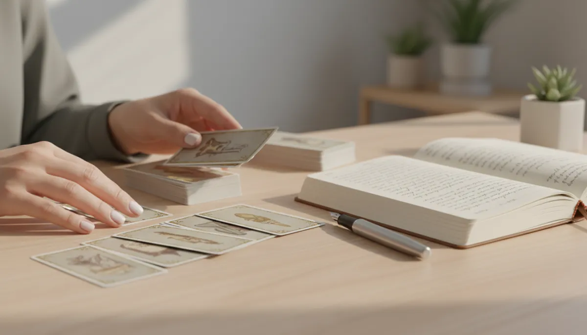 Hands shuffling tarot cards beside an open journal in a neutral-toned setting
