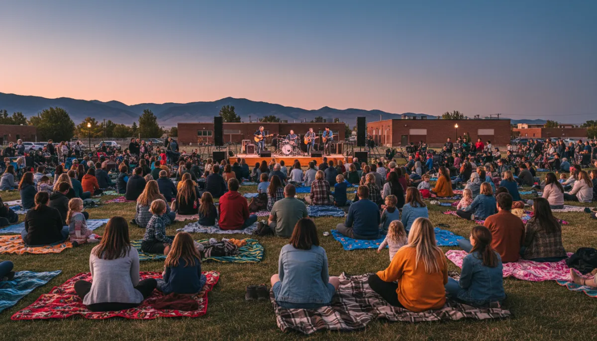 Families relaxing on blankets at an outdoor concert in Logan, Utah Families relaxing on blankets at an outdoor concert in Logan, Utah