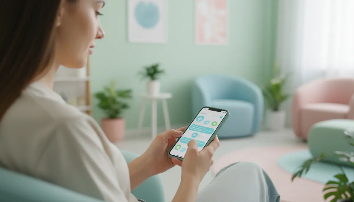 photographic realistic close-up of a patient in a waiting room using a smartphone to chat with a medical chatbot, soft pastel clinic environment, calm and bright photographic realistic close-up of a patient in a waiting room using a smartphone to chat with a medical chatbot, soft pastel clinic environment, calm and bright