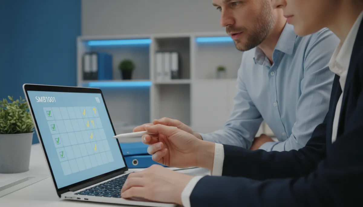 Business owner and IT consultant reviewing an SMB1001-aligned cybersecurity checklist