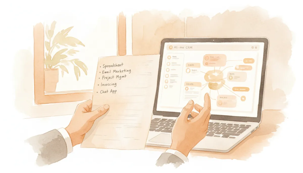 Consultant die losse tools vergelijkt met één alles-in-één CRM dashboard