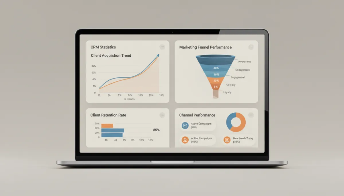 Dashboard met crm- en marketingstatistieken voor een coachingsbedrijf