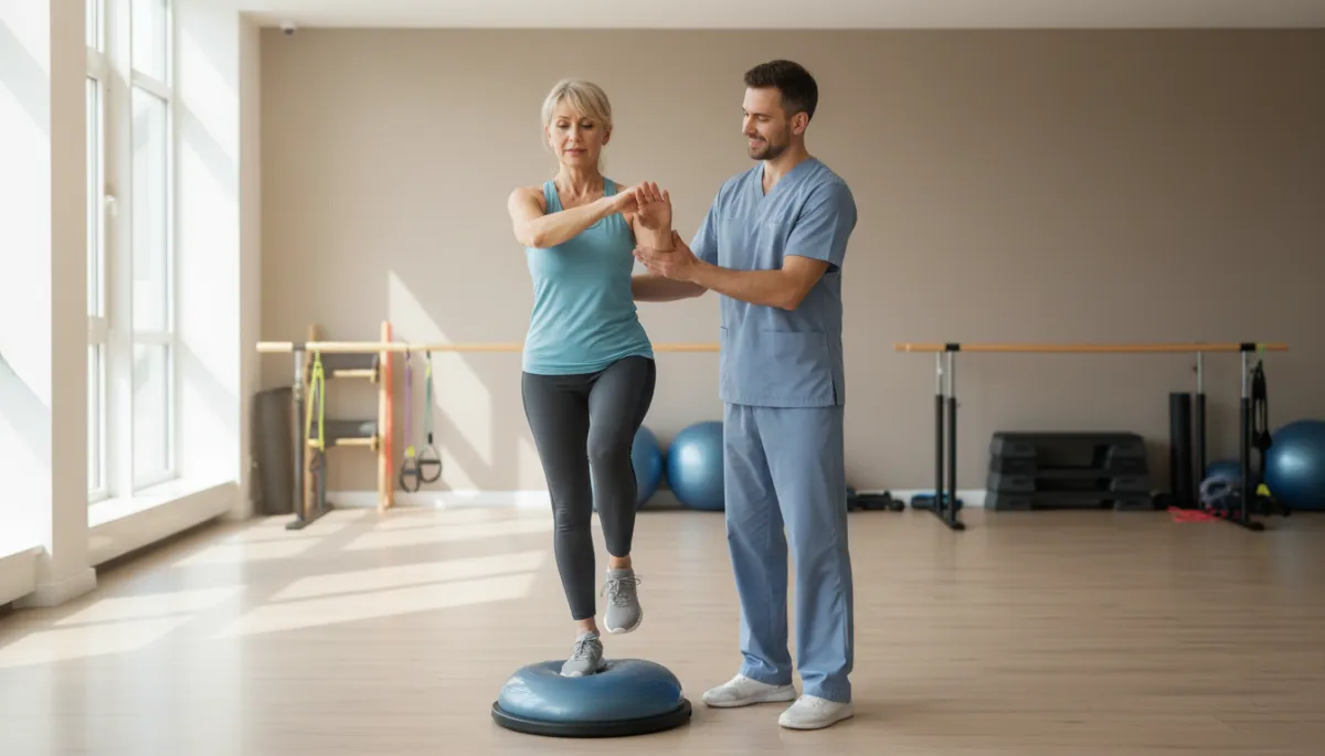 Patient performing guided rehabilitation exercises after regenerative treatment