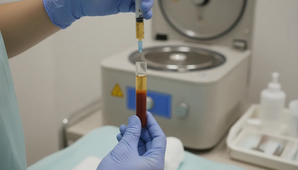 Clinician preparing PRP syringe in a regenerative medicine clinic