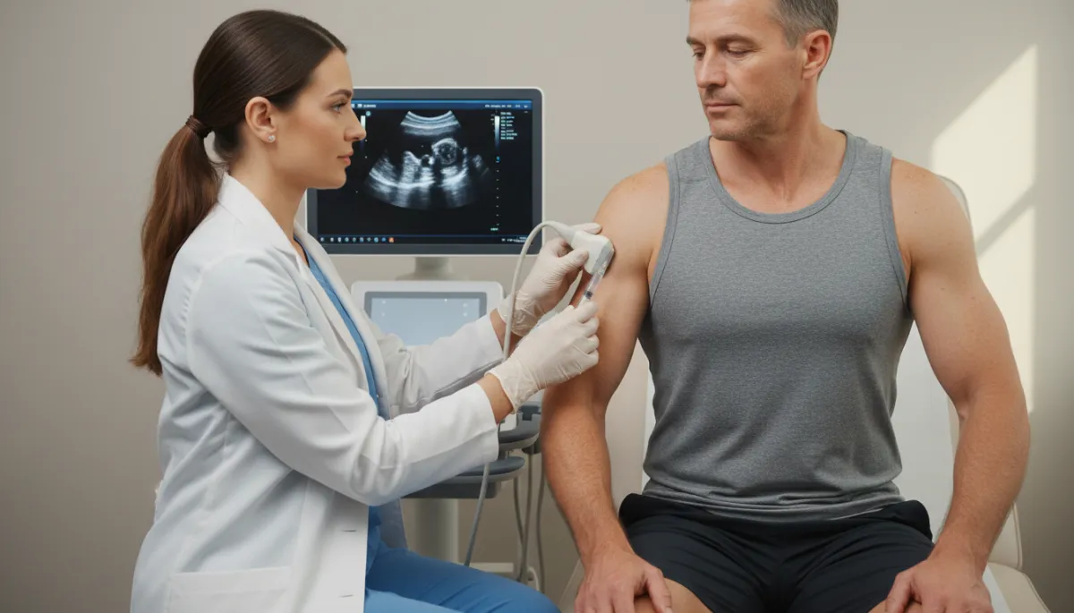 Patient receiving ultrasound-guided PRP injection for shoulder tendon injury