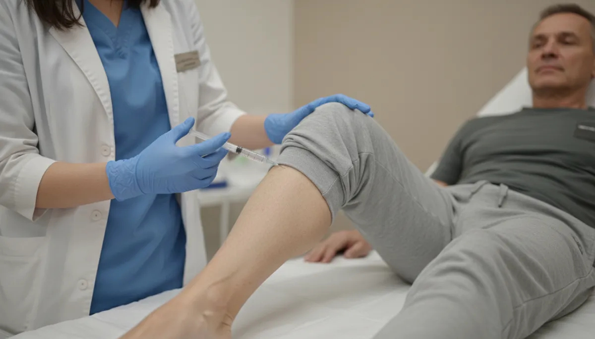Patient receiving a non-surgical knee injection from a clinician
