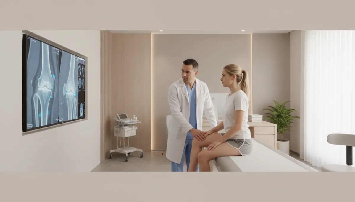 photorealistic neutral-toned medical clinic setting, physician gently examining a patient’s knee while reviewing imaging on a wall-mounted screen, calm professional atmosphere with soft natural light