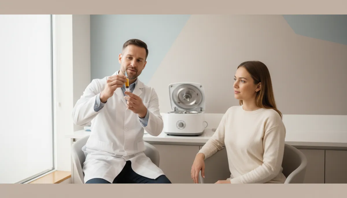 photorealistic neutral-toned medical clinic scene showing a physician in a white coat reviewing a syringe of golden platelet-rich plasma next to a modern centrifuge, patient seated nearby in consultation, soft natural lighting